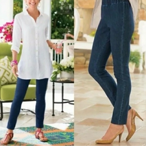 Soft Surroundings Women’s Pull On Skinny Blue Jeans Denim Pants Elastic Waist L - Picture 1 of 15